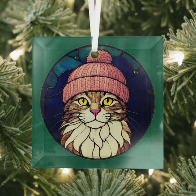 Stained-Glass Christmas Tabby Cat In Pink Cap Ornament Aus Glas (Insitu)