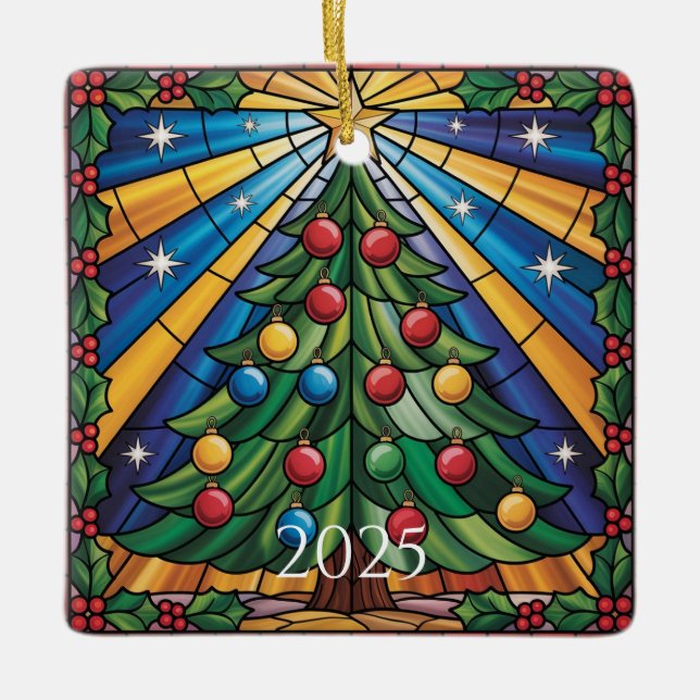 Stained Glass Christmas Tree Design Keramikornament (Vorderseite)
