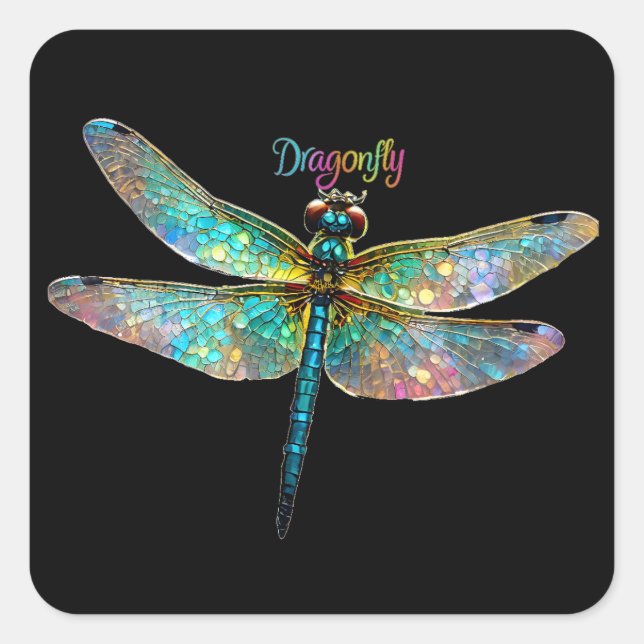 Stained Glass Colorful Dragonfly Quadratischer Aufkleber (Vorderseite)