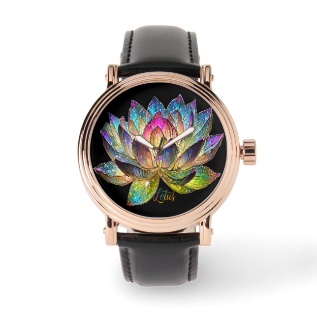 Stained Glass Colorful Lotus Flower on Black Armbanduhr (Vorderseite)