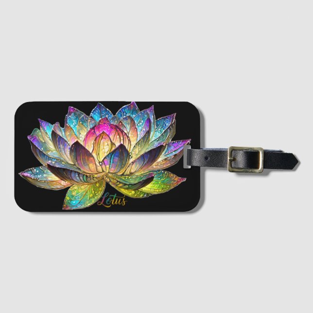 Stained Glass Colorful Lotus Flower on Black Gepäckanhänger (Vorderseite (Horizontal))