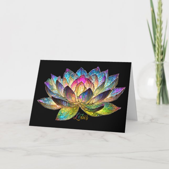 Stained Glass Colorful Lotus Flower on Black Karte (Vorderseite)