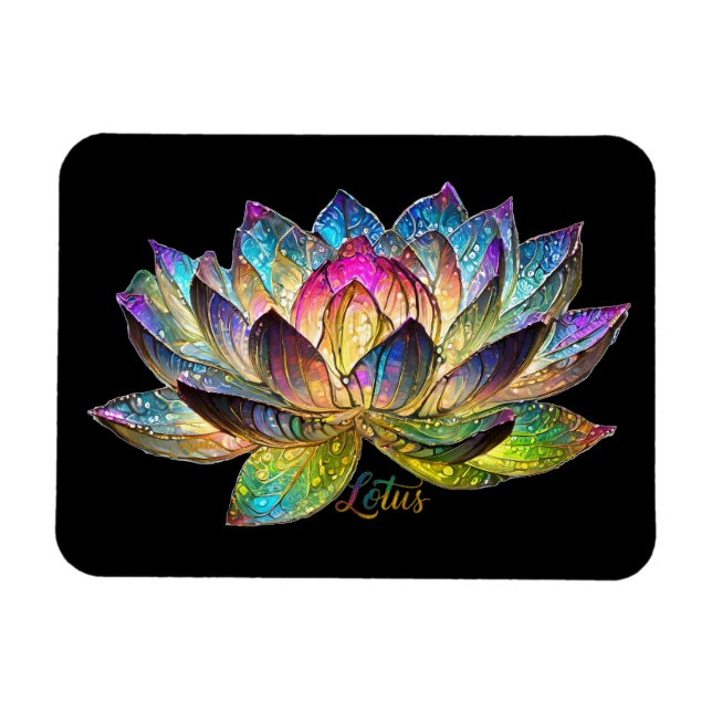 Stained Glass Colorful Lotus Flower on Black Magnet (Horizontal)