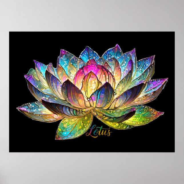 Stained Glass Colorful Lotus Flower on Black Poster (Vorne)