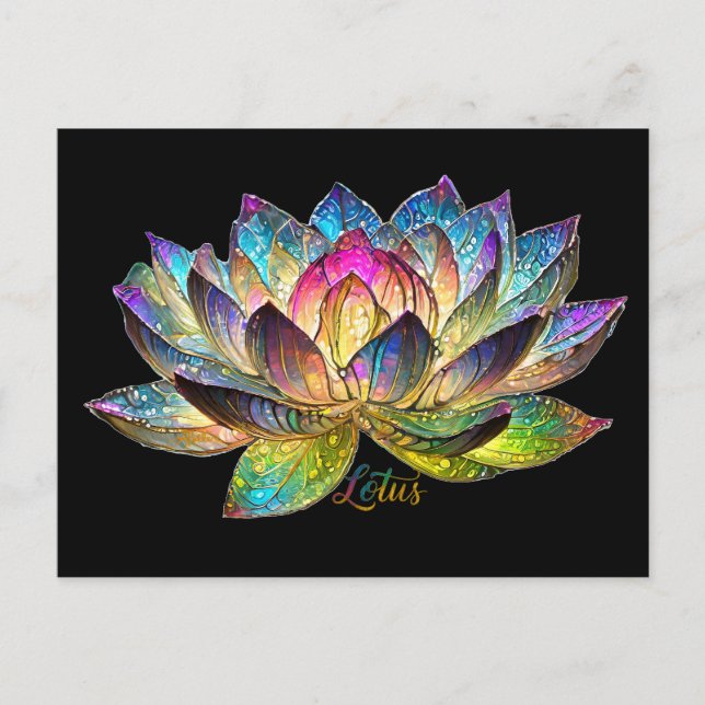 Stained Glass Colorful Lotus Flower on Black Postkarte (Vorderseite)