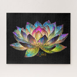 Stained Glass Colorful Lotus Flower on Black Puzzle