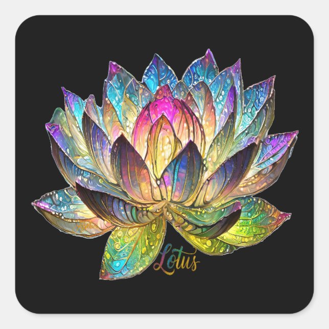 Stained Glass Colorful Lotus Flower on Black Quadratischer Aufkleber (Vorderseite)