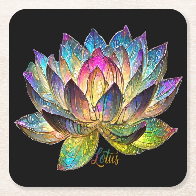 Stained Glass Colorful Lotus Flower on Black Rechteckiger Pappuntersetzer (Vorderseite)