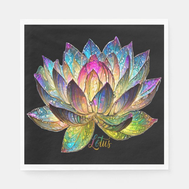 Stained Glass Colorful Lotus Flower on Black Serviette (Vorderseite)