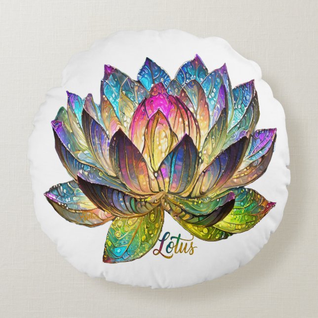 Stained Glass Colorful Lotus Flower on White Rundes Kissen (Vorderseite)