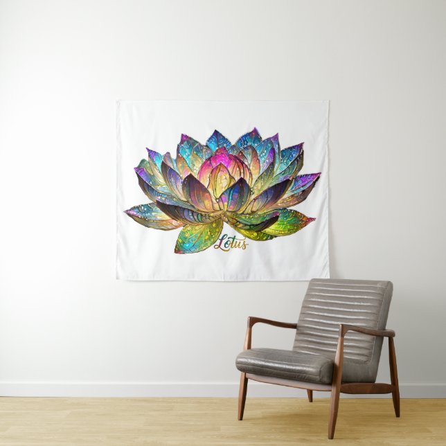 Stained Glass Colorful Lotus Flower on White Wandteppich (Beispiel (Horizontal))