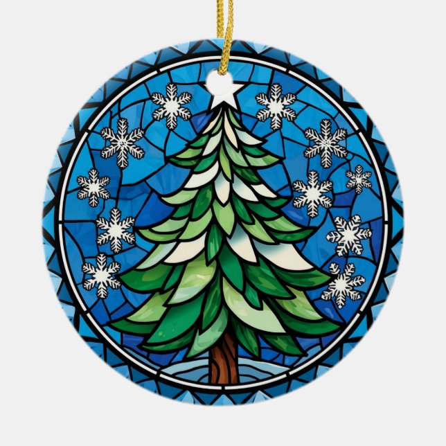 Stained Glass Evergreen Snowflakes Art Keramik Ornament (Vorne)