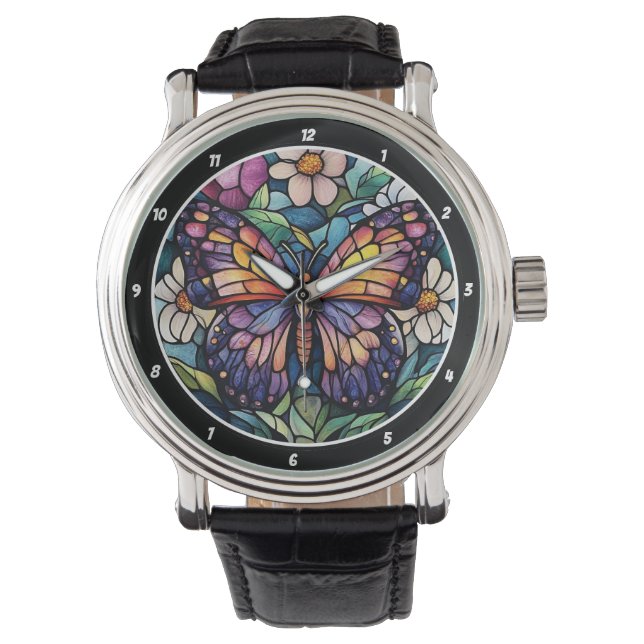 Stained Glass Garden" - Butterfly & Floral  Armbanduhr (Vorderseite)