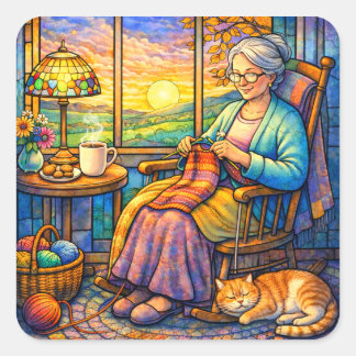 Stained Glass Grandma Knitting, Cat & Cozy Home Quadratischer Aufkleber