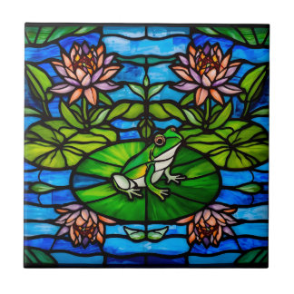 Stained Glass Green Frog and Water Lily Flowers  Fliese