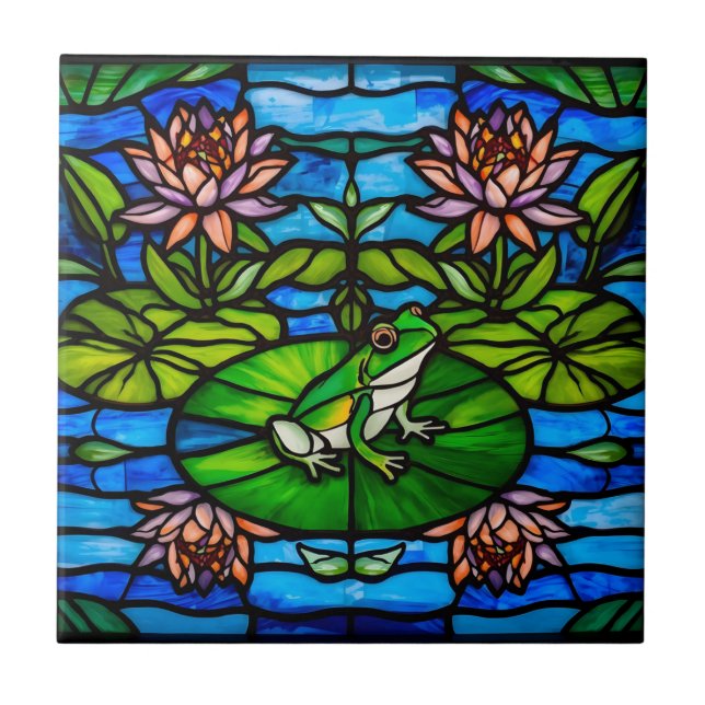 Stained Glass Green Frog and Water Lily Flowers  Fliese (Vorderseite)
