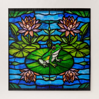 Stained Glass Green Frog and Water Lily Flowers Puzzle