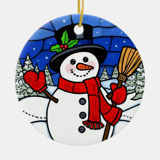Stained Glass Happy Snowman Keramik Ornament (Vorne)