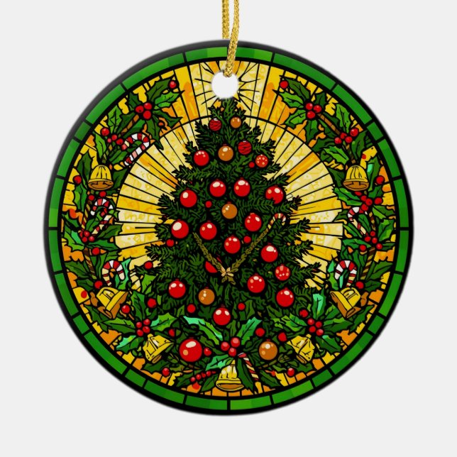 Stained Glass Holly & Bells Tree Keramik Ornament (Vorne)