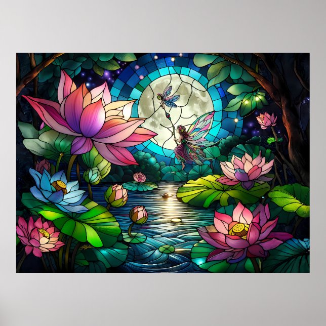 Stained Glass Little Fairy With Dragonfly Poster (Vorne)