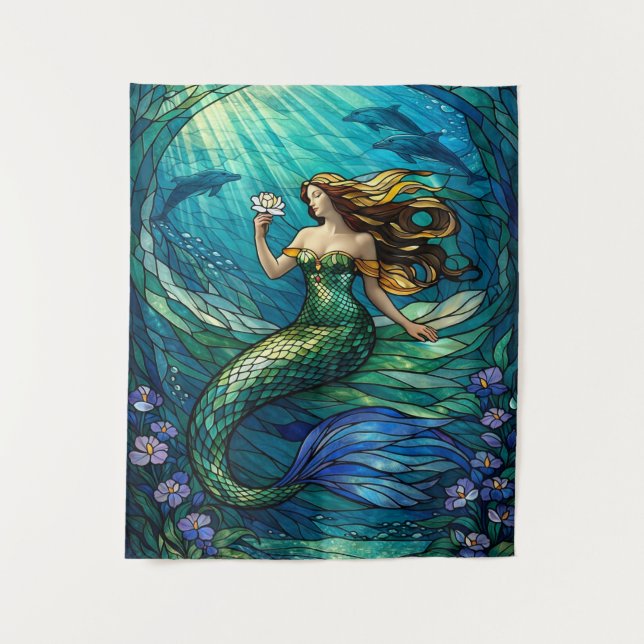 Stained Glass Mermaid Tapestry Wandteppich (Vorderseite)