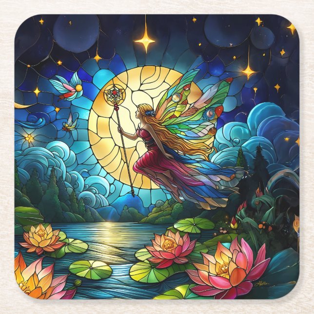 Stained Glass Moonlight Flight Fairy  Rechteckiger Pappuntersetzer (Vorderseite)