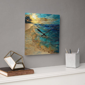 Stained Glass Ocean Beach Wall Clock Quadratische Wanduhr