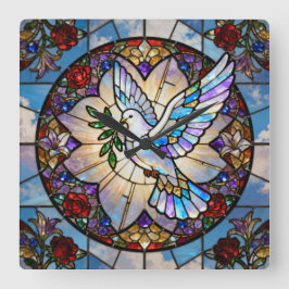 Stained Glass Peace Dove Wall Clock Quadratische Wanduhr