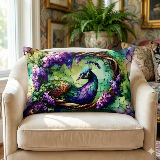 Stained Glass Peacock Floral Wreath Art Lendenkissen (Stained Glass Peacock Floral Wreath Art Lumbar Pillow Mockup A)