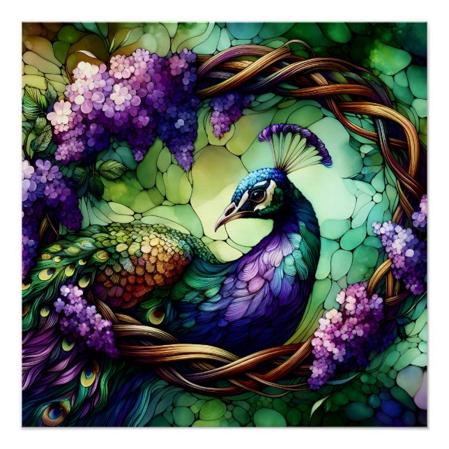 Stained Glass Peacock Floral Wreath Art Poster (Vorderseite)