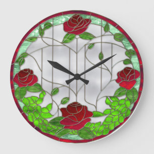 Stained Glass Red Roses Große Wanduhr