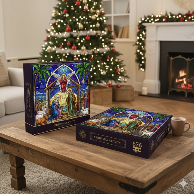 Stained Glass Religious Nativity Scene Christmas  Puzzle (Stained Glass Religious Nativity Scene Christmas Jigsaw Puzzle)