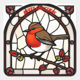  Stained Glass Robin Redbreast "Merry Christmas" Quadratischer Aufkleber