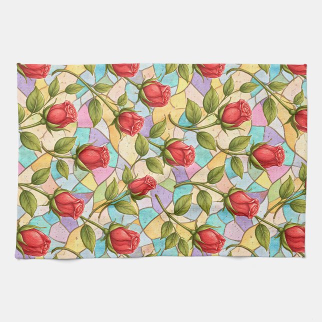 Stained Glass Rosebuds Geschirrtuch (Horizontal)