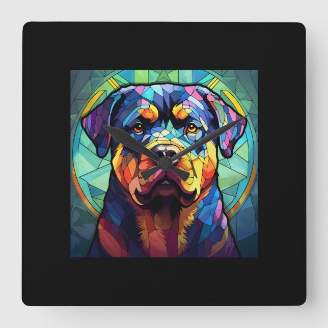 Stained Glass Rottweiler  Quadratische Wanduhr (Vorderseite)