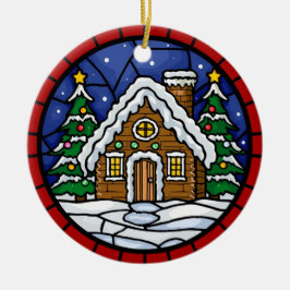 Stained Glass Snowy Cabin Keramik Ornament