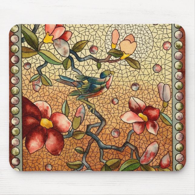Stained glass style bird on a flowering tree mousepad (Vorne)