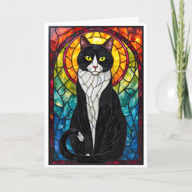 Stained Glass Style Black and White Tuxedo Cat Karte (Vorderseite)