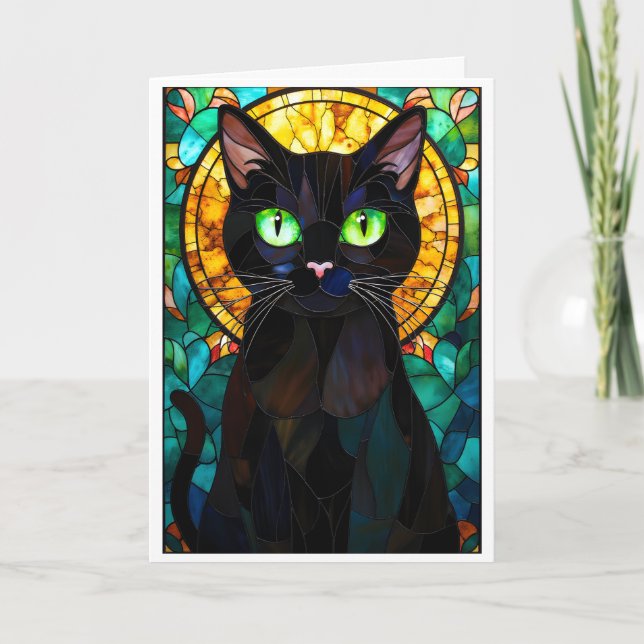 Stained Glass Style Charming Black Cat Green Eyes Karte (Vorderseite)