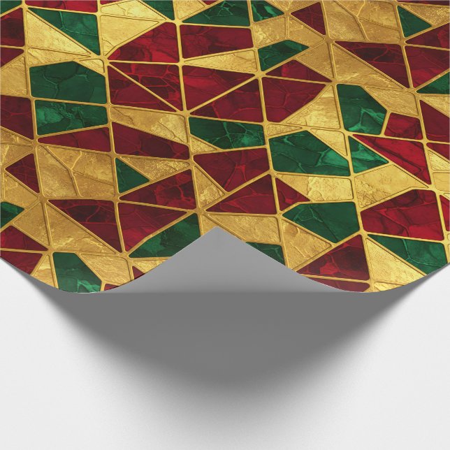 Stained Glass Style Christmas Red Green Gold  Geschenkpapier (Ecke)