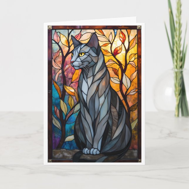 Stained Glass Style Gray Cat with Leaves Karte (Vorderseite)