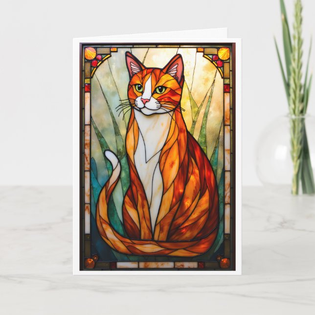 Stained Glass Style Orange Cat Green Eyes Karte (Vorderseite)