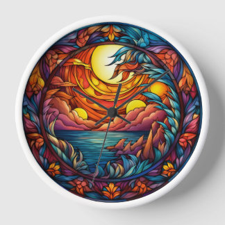 Stained Glass Sunset Landscape Wall Clock  Uhr