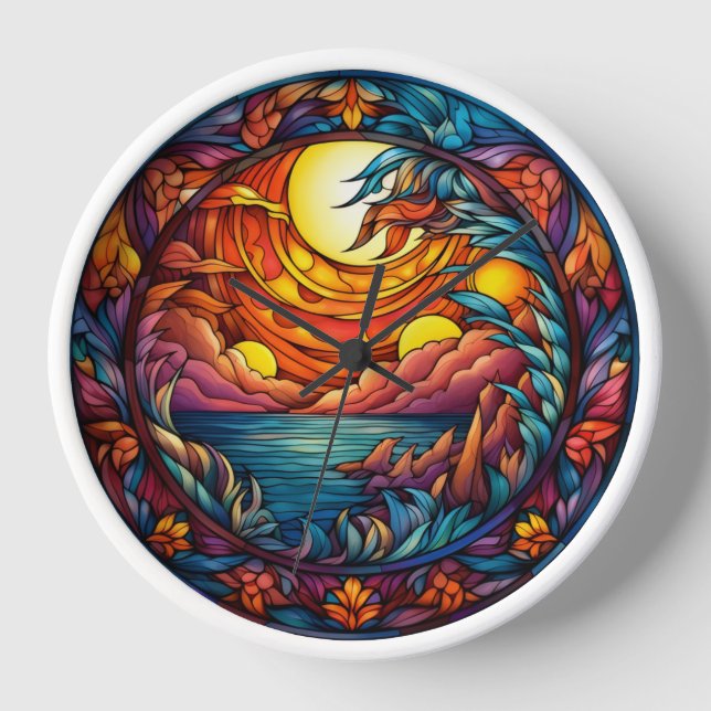 Stained Glass Sunset Landscape Wall Clock  Uhr (Vorderseite)
