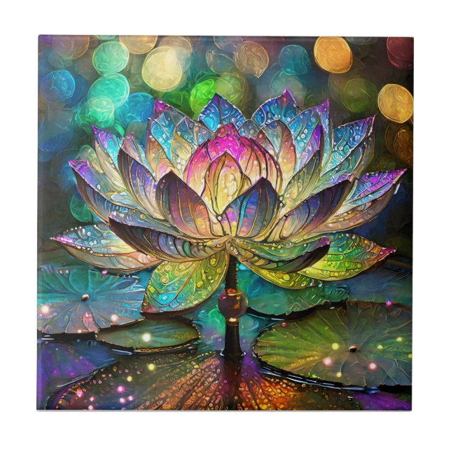 Stained Glass Vibrant Lotus Flower Fliese (Vorderseite)