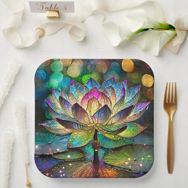 Stained Glass Vibrant Lotus Flower Pappteller (Hochzeit)