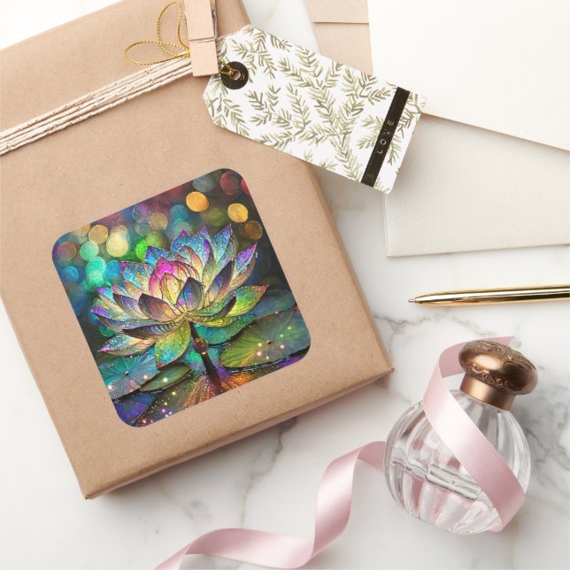 Stained Glass Vibrant Lotus Flower Quadratischer Aufkleber (Schenken)