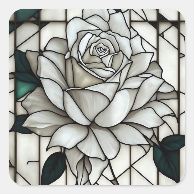 Stained Glass White Rose Quadratischer Aufkleber (Vorderseite)
