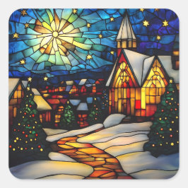 Stained Glass Winter Village Quadratischer Aufkleber