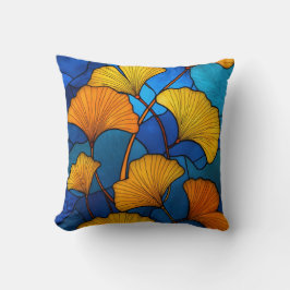 Stained glass yellow ginkgo leaves on blue kissen